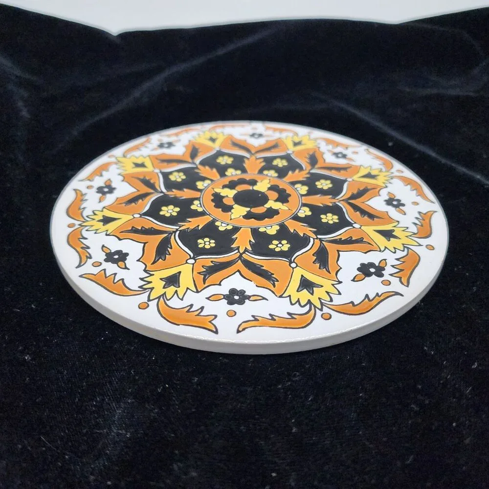 Handmade Greek Ceramic Tile By Nassos Keramik Vibrant Orange & Yellow Floral BOH